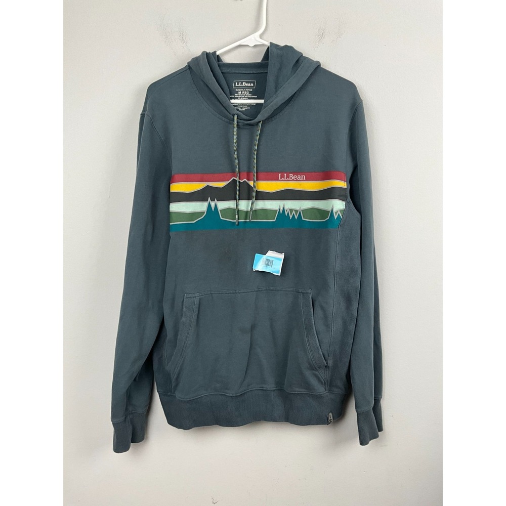 L.L.Bean Mens Slightly Fitted Hoodie Size M Blue Graphic Mountain Stripe Pullove